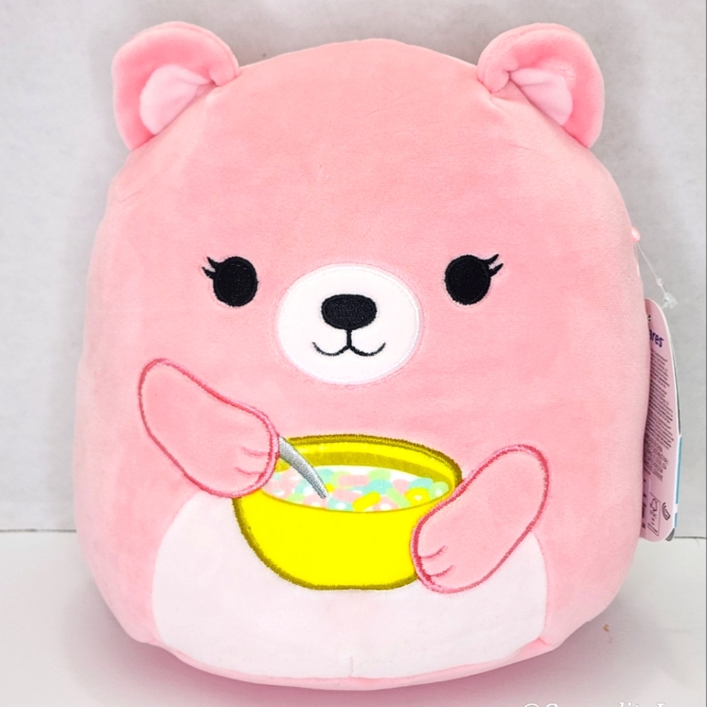 HOMINY 🐻🥣 FTM 8" Coral Pink Bear with Yellow Bowl of Cereal Squishmallow NWT